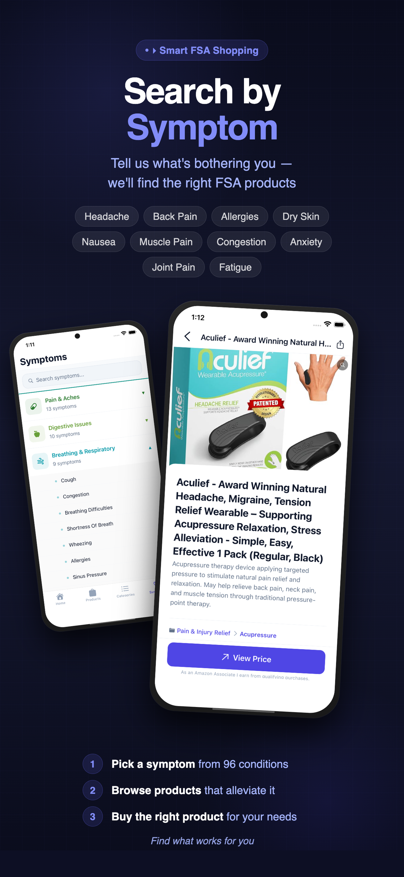 FSA Shop app — search by symptom